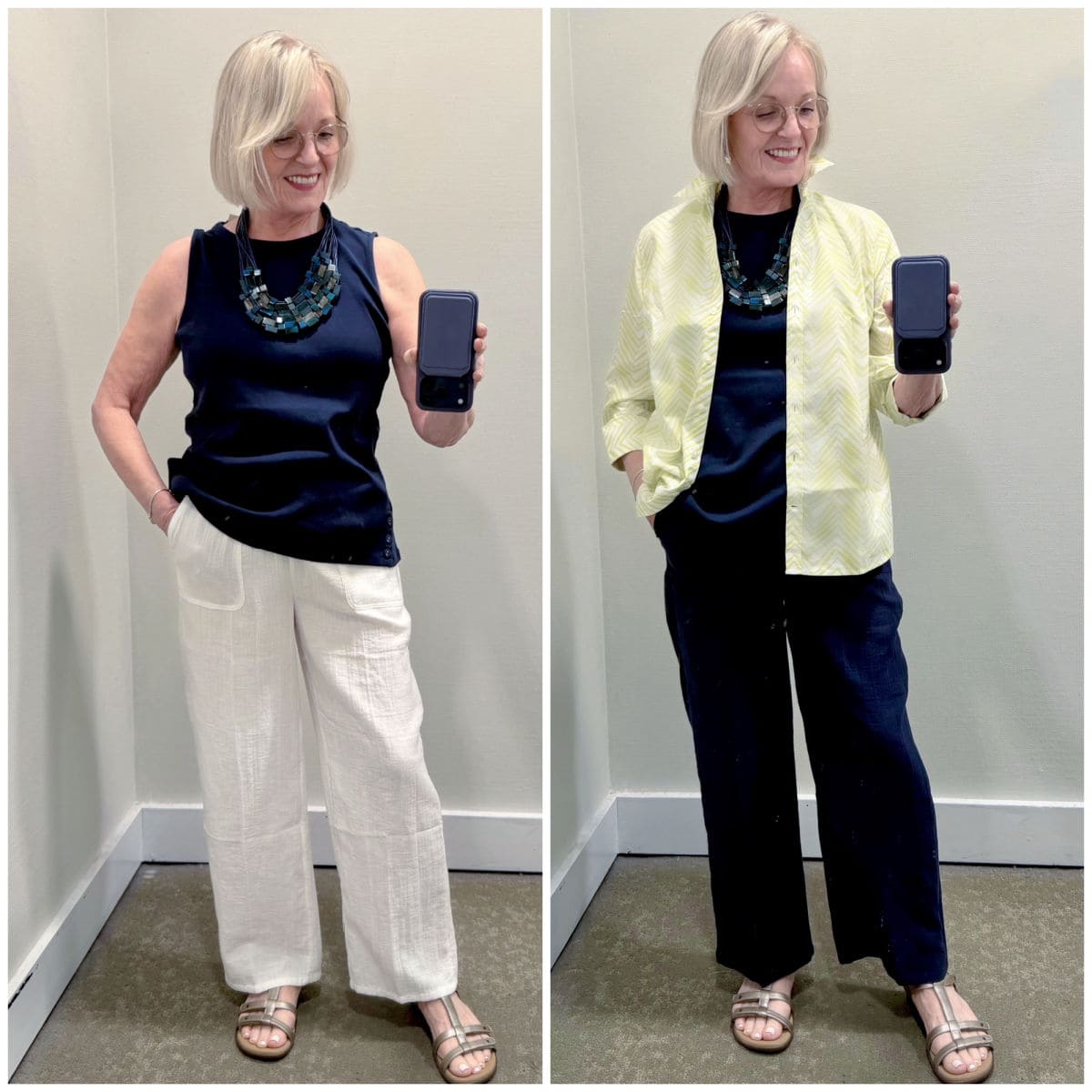 Jennifer Connolly wearing a navy sleeveless top with white linen pants, then layering the look with a light yellow striped shirt and navy linen pants for summer.