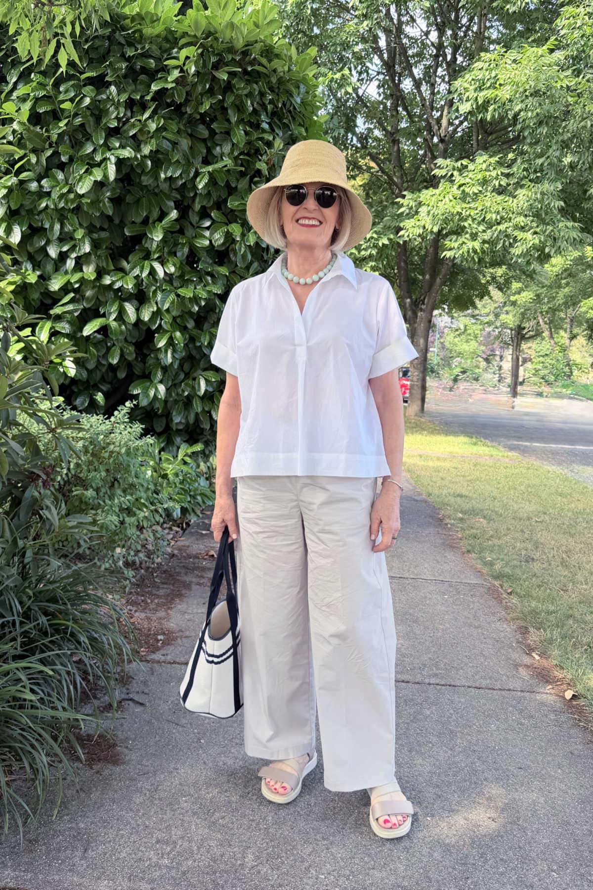 older woman wearing Eileen Fisher casual clothing for her casual lifestyle