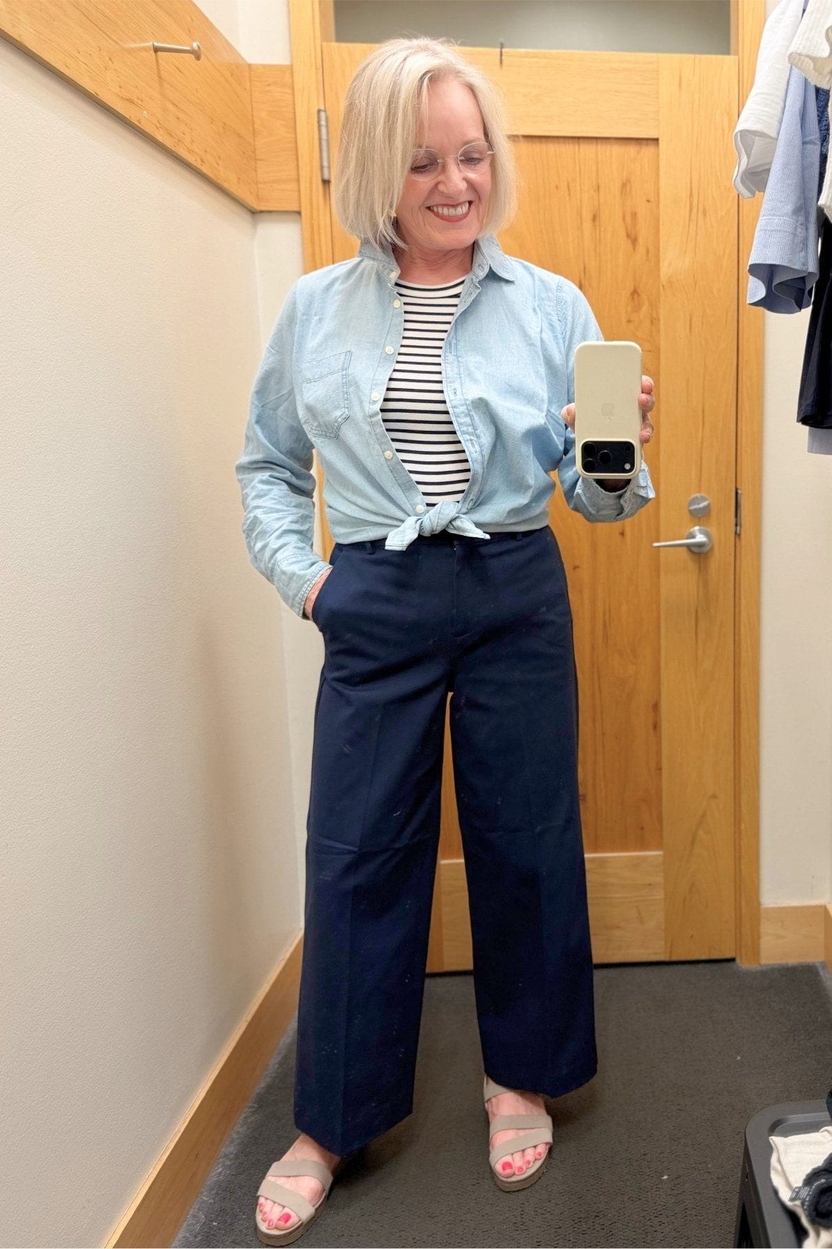 J CREW FACTORY CHAMBRAY SHIRT AND NAVY CHINOS
