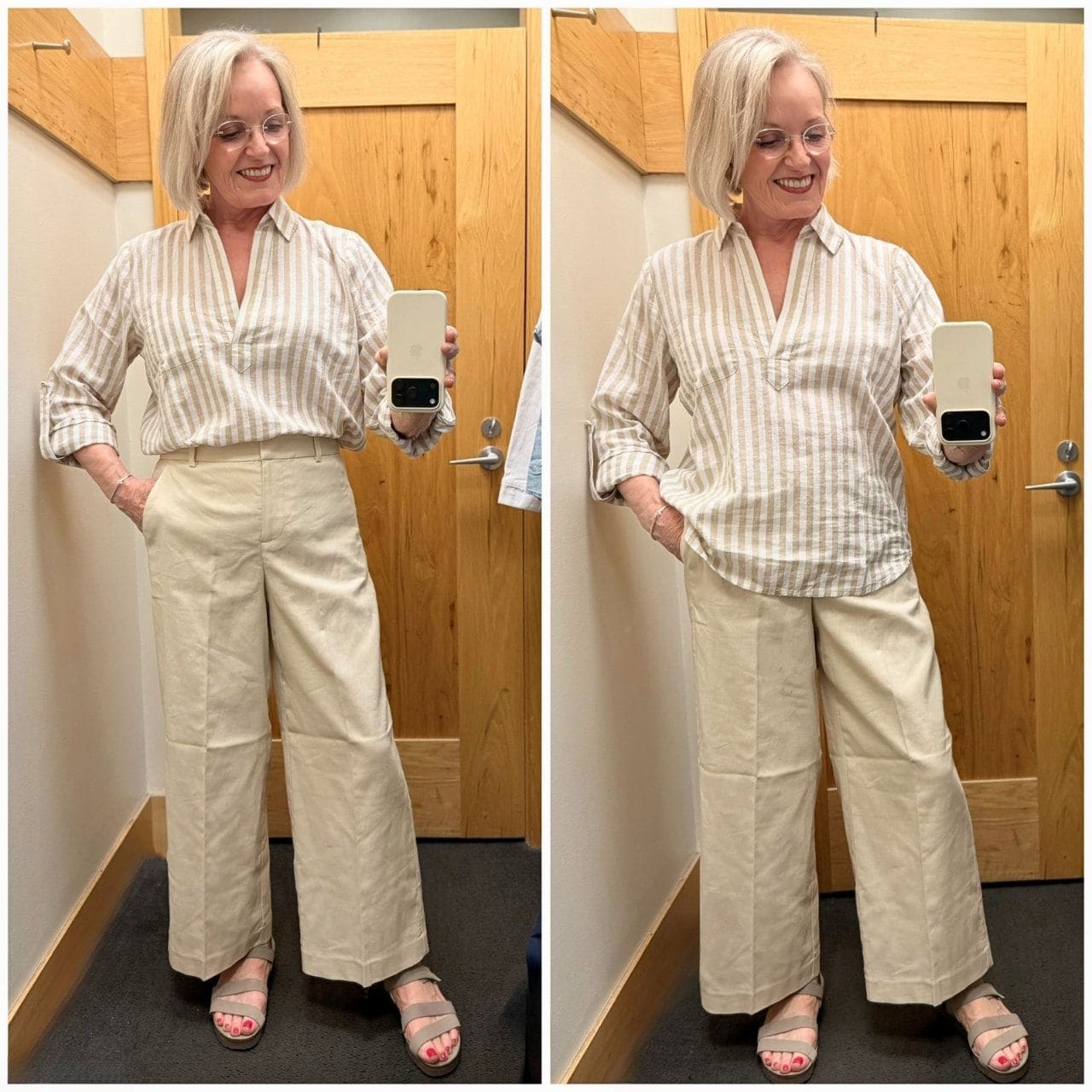 SIDE BY SIDE COMPARISON OF AN OUTFIT SHOWING WAYS TO WEAR SHIRT AND CHINOS FROM J.CREW FACTORY