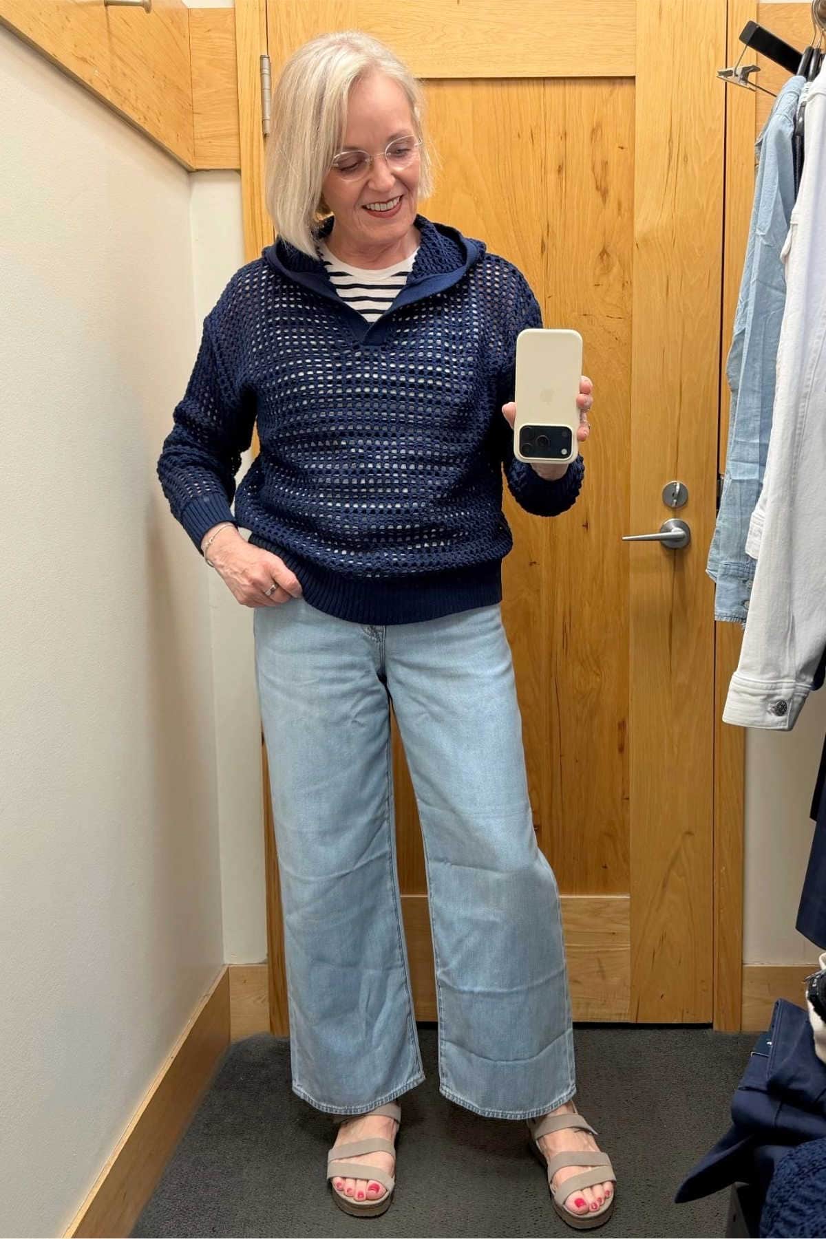 OPEN WEAVE NAVY SWEATER WITH LIGHTWEIGHT JEANS FOR SUMMER