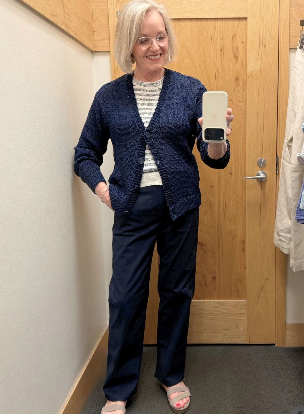 JENNIFER FROM A WELL STYLED LIFE STYLING COTTON SWEATER AND NAVY CHINOS FROM J.CREW FACTORY AUGUST TRY ON