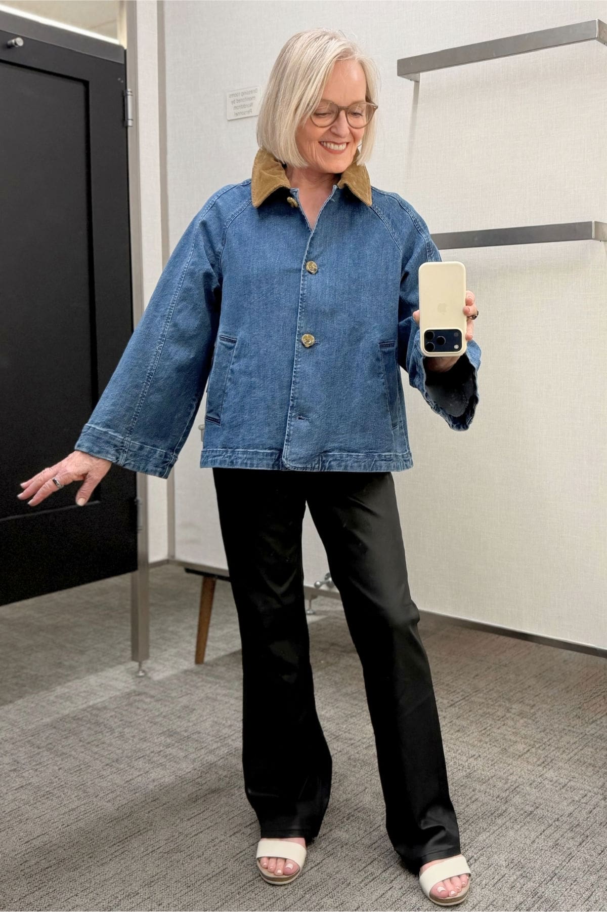 Caslon swing denim jacket with a contrasting collar and black coated flare jeans.