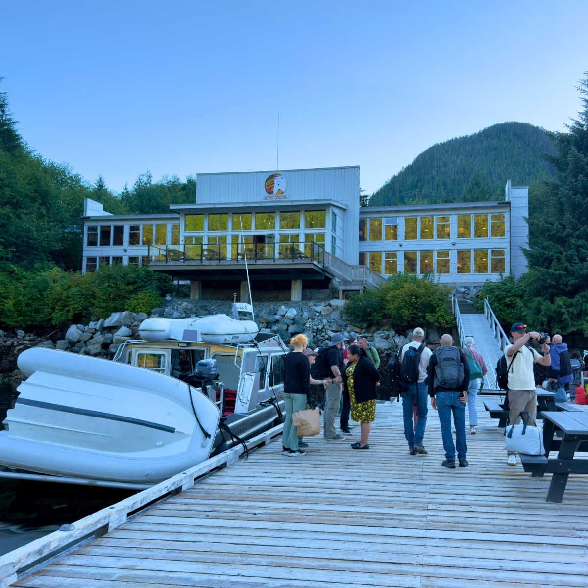 Arriving by boat at Spirit Bear Lodge in British Columbia