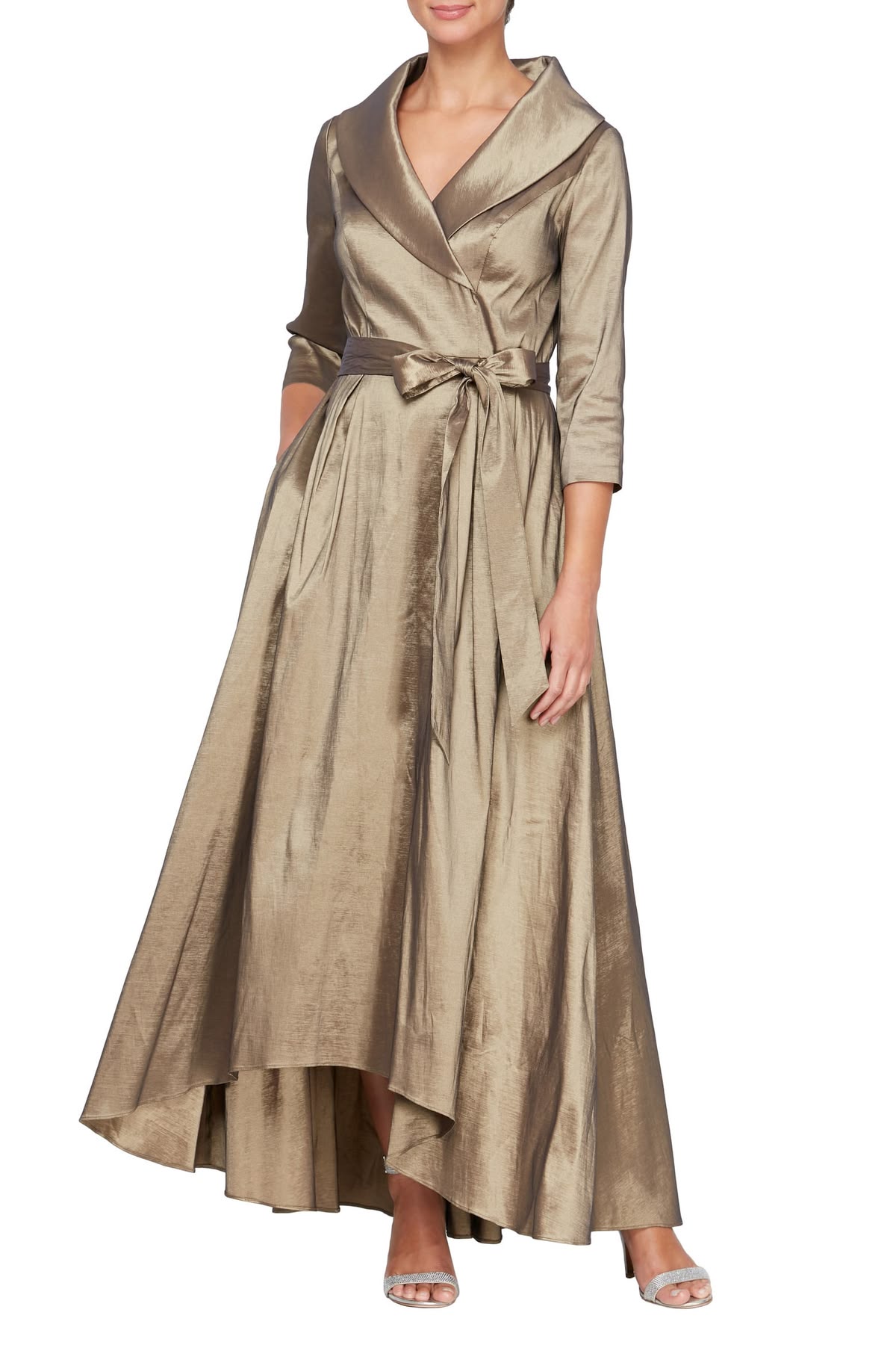 ALEX EVENINGS PORTRAIT COLLAR FAUX WRAP GOWN