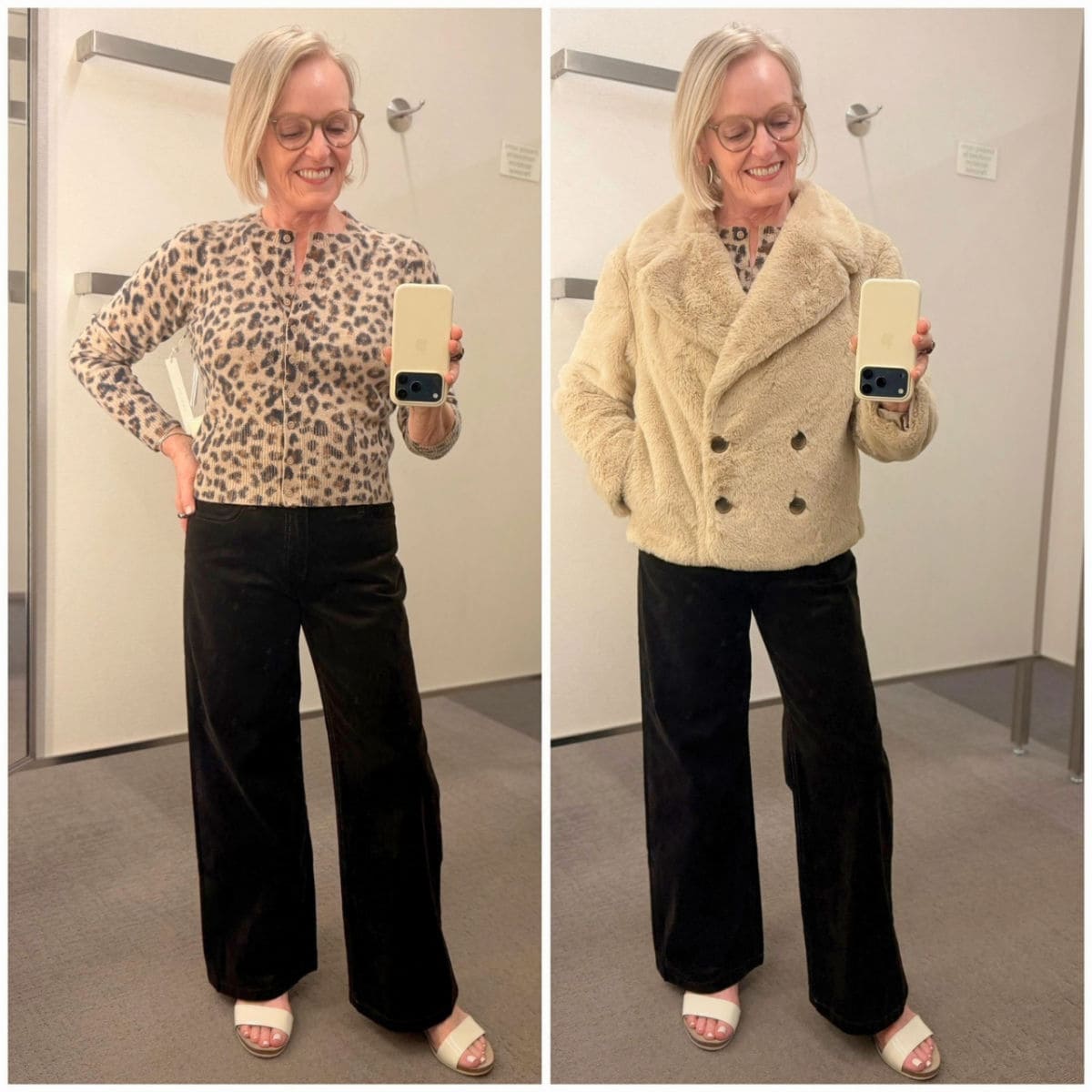 Caslon Leopard-print cardigan with brown wide-leg corduroy pants and a Halogen faux fur peacoat.