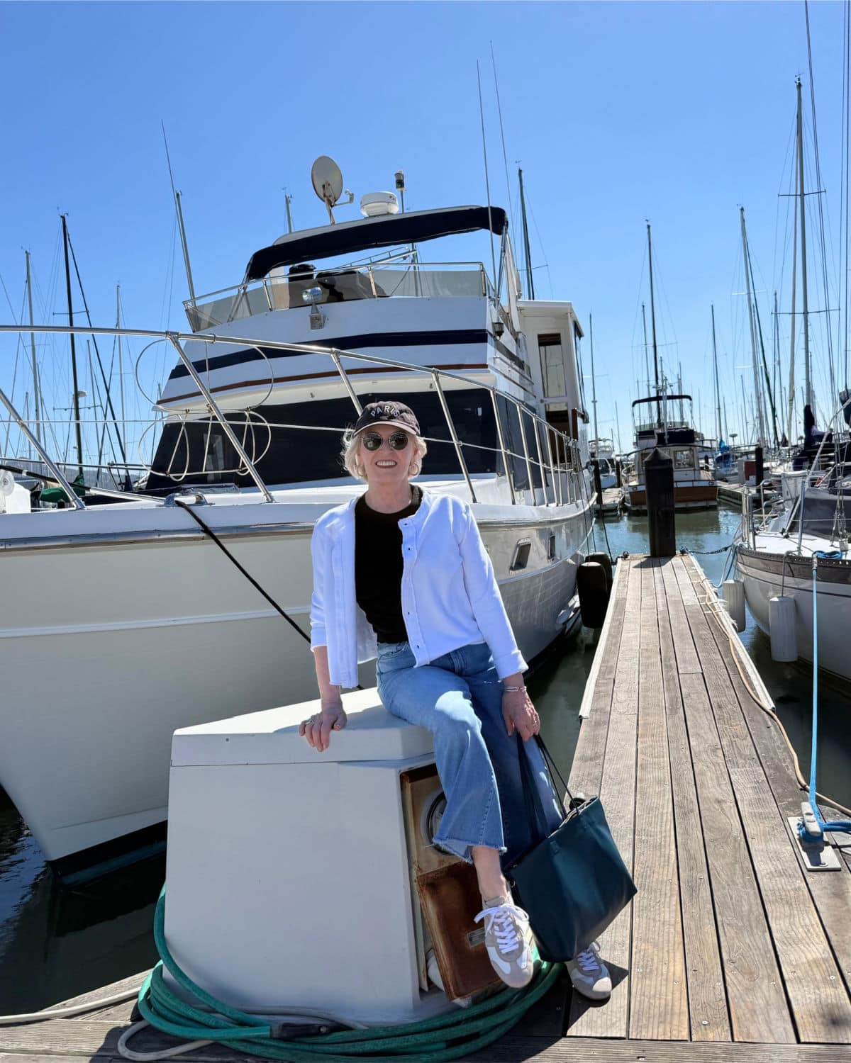 Jennifer Connolly of A Well Styled Life wearing Frank & Eileen on the dock in Sausalito