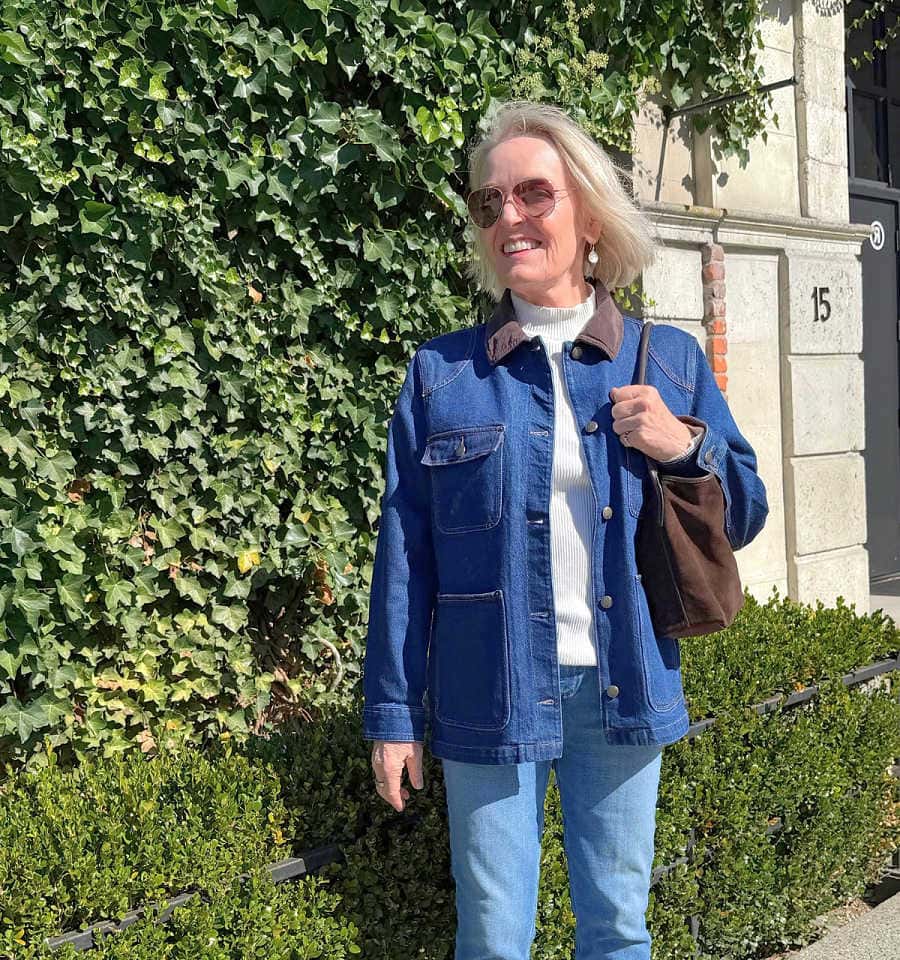woman over 50 wearing Madewell chore jacket